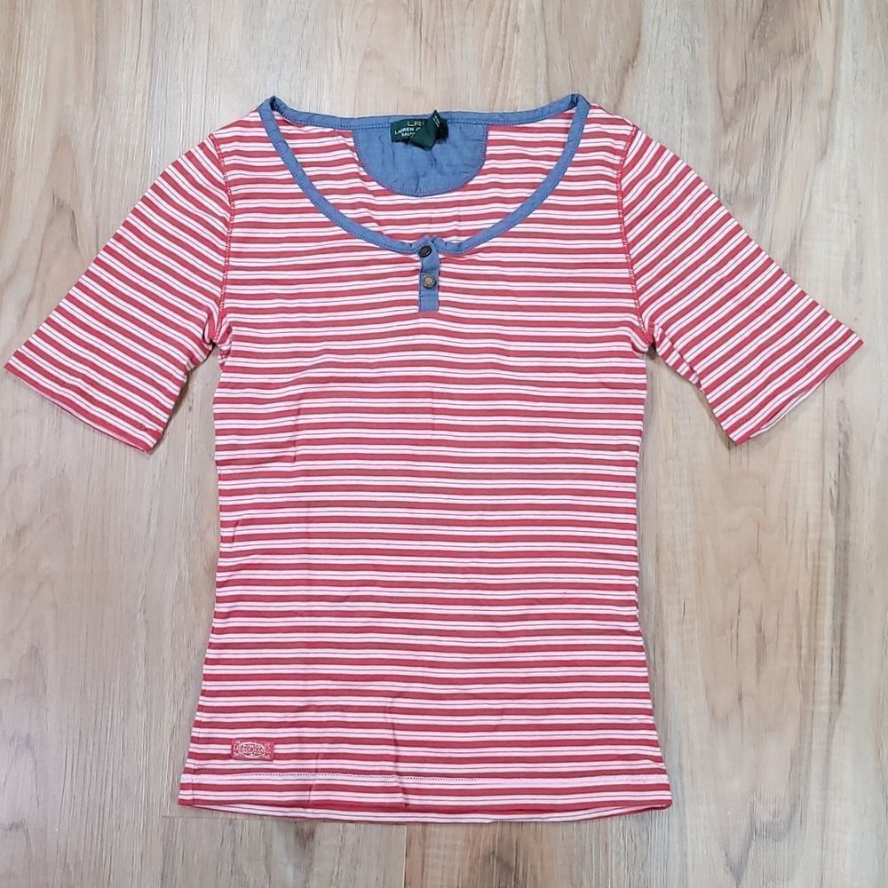 🔺️Ralph Lauren Red & White Striped Short Sleeve Top XSmall